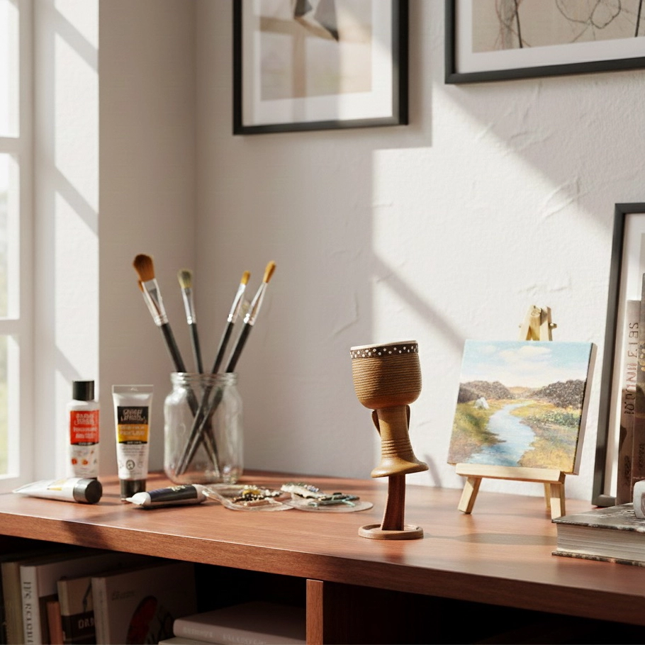 ماکت دکوری تنبک با پایه نگهدارنده - قرار گرفته بر روی میز در محیط هنری