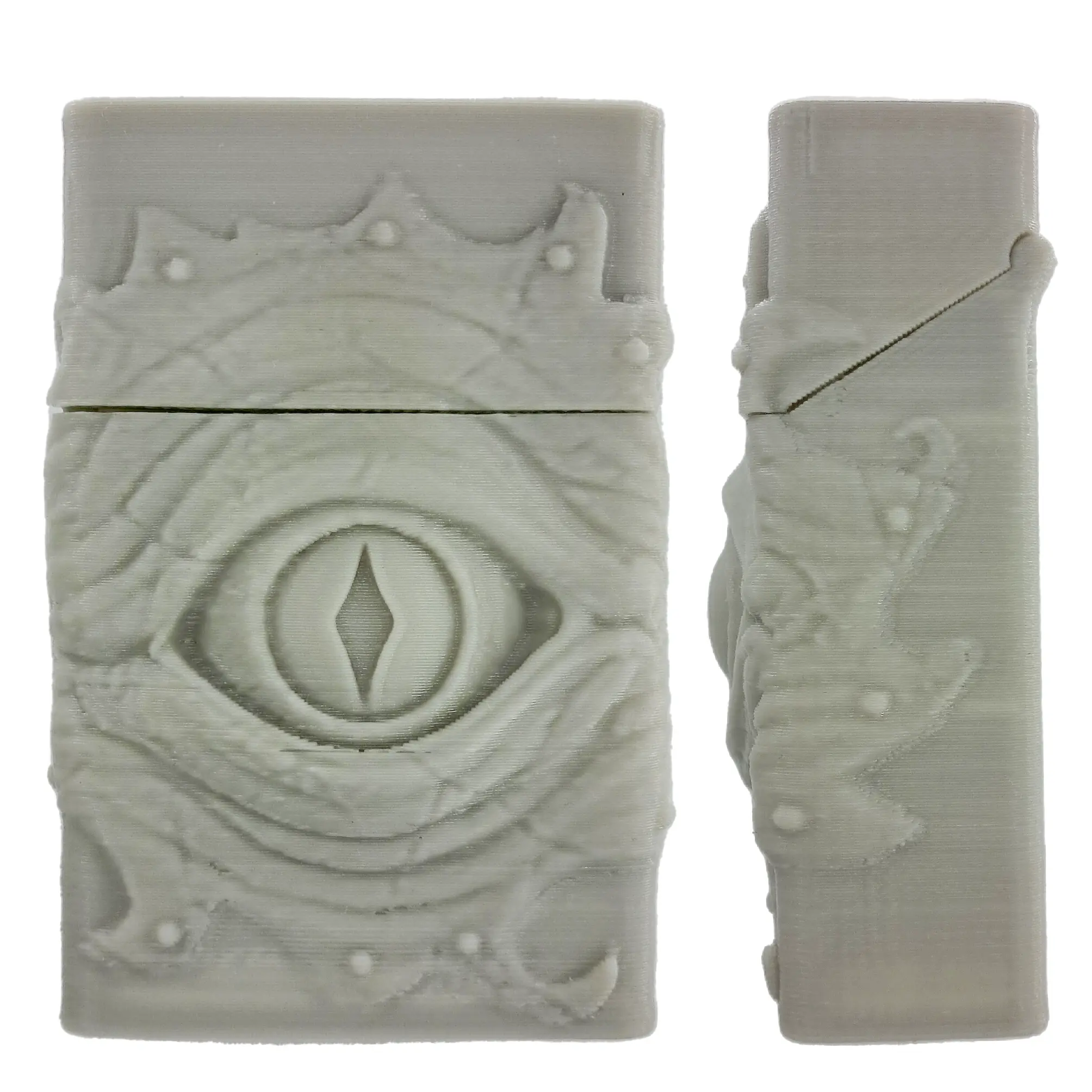 جعبه سیگار طرح چشم اژدها رنگ خاکستری - عکس نیم رخ و تمام رخ کنار هم