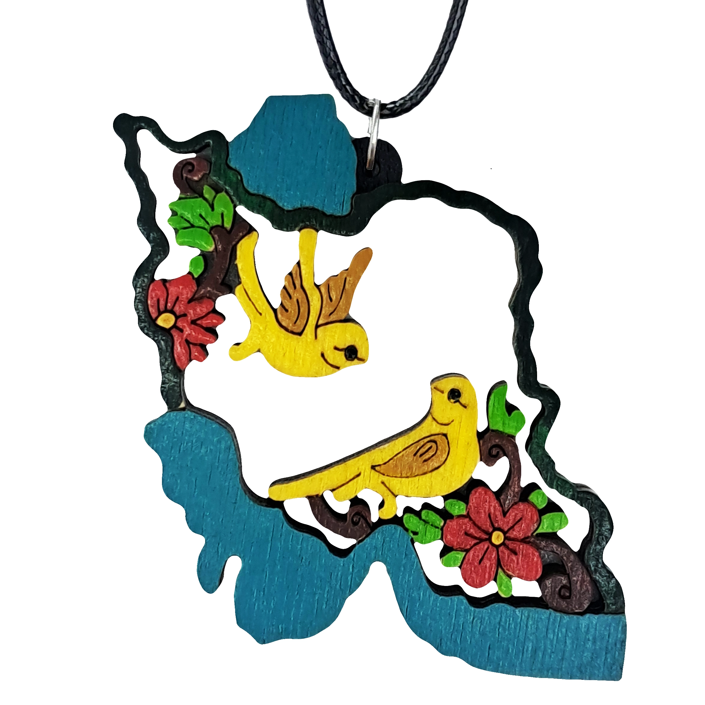 گردنبند نقشه ایران طرح پرنده- چوبی و رنگ شده با دست