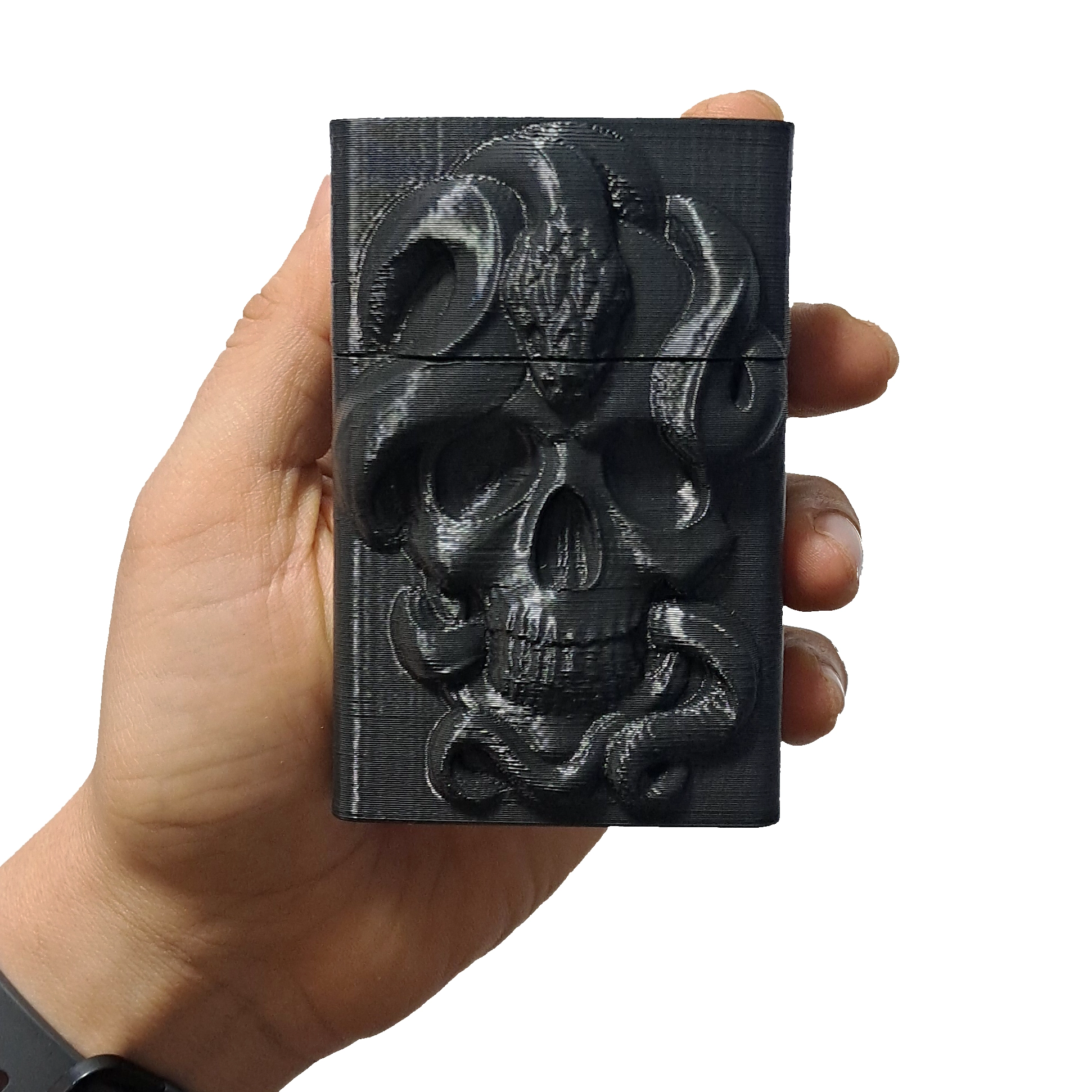 جعبه سیگار طرح اسکلت و مار رنگ مشکی دست مدل