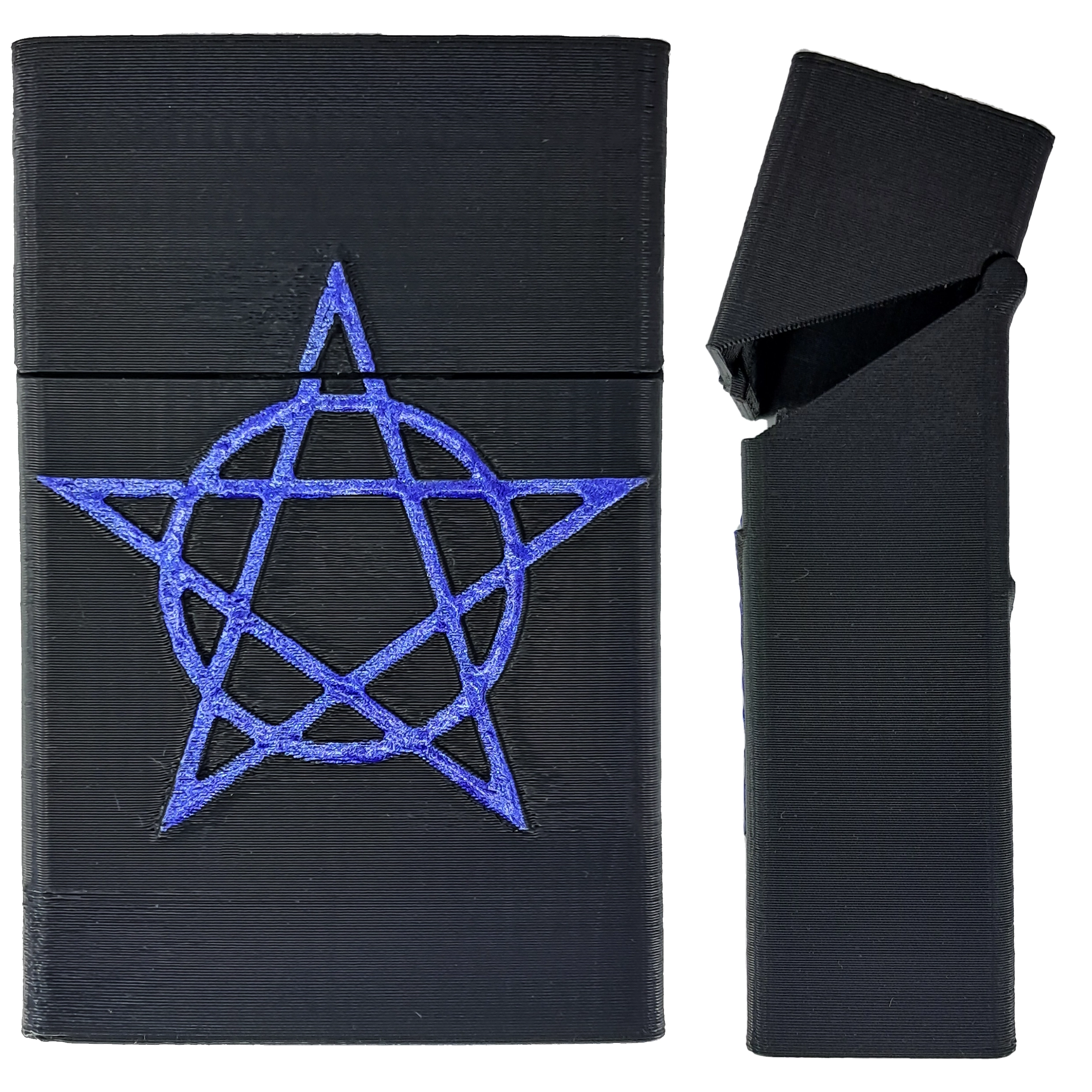 جعبه سیگار طرح پنتاگرام نیم رخ و تمام رخ کنار هم به رنگ مشکی