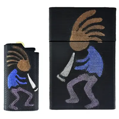 ست هدیه فندک و جعبه سیگار طرح شیپور - عکس فندک و جاسیگاری مشکی کنار هم